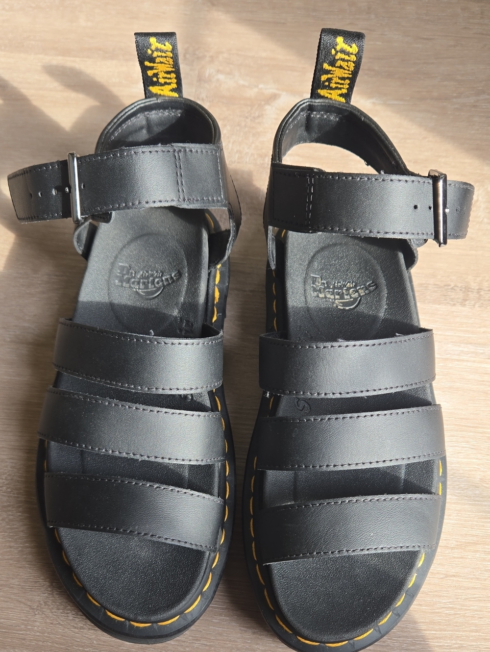 Dr. Martens Black Blaire Sandals with Yellow Stitching